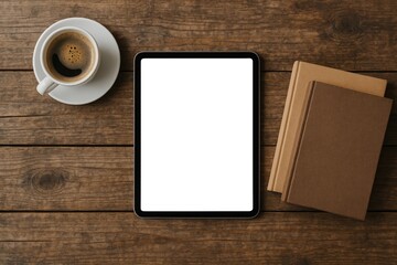Overhead shot of a digital device with a blank screen, accompanied by a coffee mug and books on a vintage wooden surface