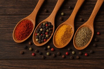 Detailed view of handcrafted wooden spoons filled with colorful dry herbs on a dark wood surface