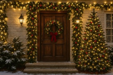 Festive holiday door adorned with Christmas ornaments