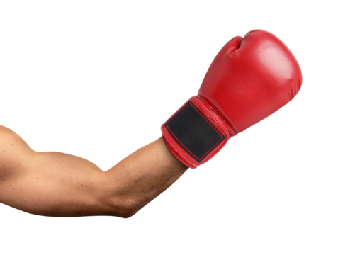 Arm extended wearing red boxing glove on transparent background png