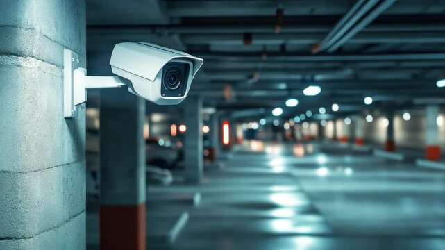 Surveillance camera security parking technology safety monitoring modern urban building with protection focus empty indoor concrete system, electronic equipment alert, crime prevention, observation