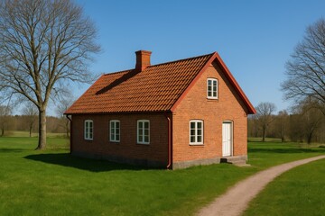 Obraz premium Vintage cottage nestled in rural landscape during springtime in 2020, featuring a vibrant red roof and lush greenery under a bright blue sky.