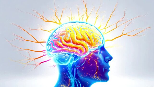 The brain's bright neural connections are shown. Red neural pathways light up and pulsate with energy as neural connections located at the base of the brain dynamically move and shift.