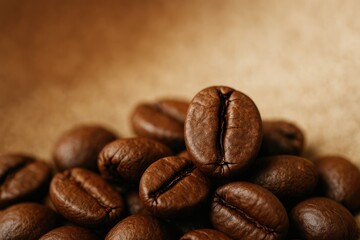 Naklejka premium Detailed view of roasted coffee beans against a warm-toned backdrop with a focus on a specific section.