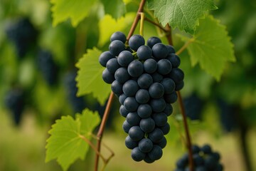 Naklejka premium Deep blue grape cluster hanging from a vine