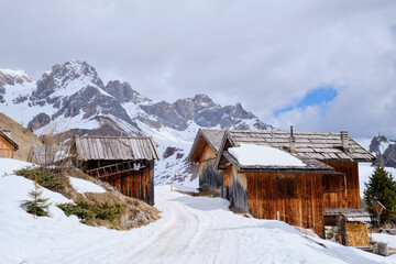 March 2025: winter landscape at Ski Area in Dolomites, Italy - Alpe Lusia. Ski resort in val di...