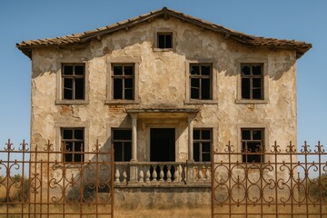 Fototapeta premium Derelict residence with shattered windows and a terrace, enclosed by a rusty decorative fence under a bright blue sky