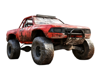 Rugged red off road monster truck with large tires isolated on transparent background