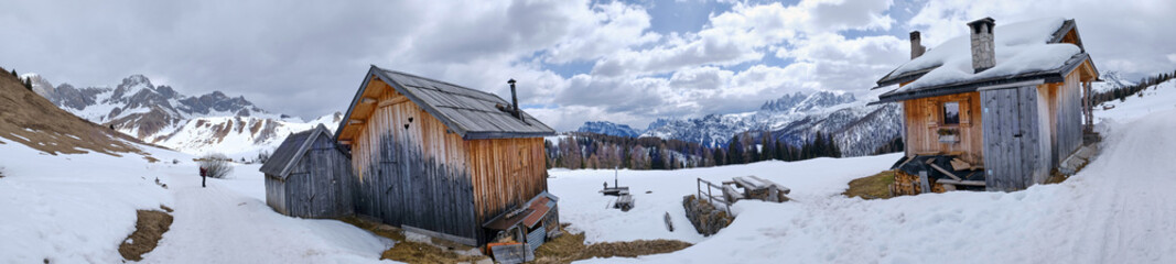 March 2025: winter landscape at Ski Area in Dolomites, Italy - Alpe Lusia. Ski resort in val di...
