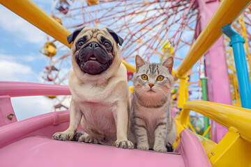 Pug and cat enjoy roller coaster adventure in vibrant amusement park setting. Funny pets. National Pet Day