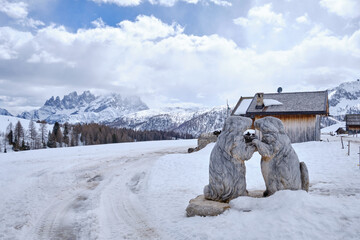 March 2025: winter landscape at Ski Area in Dolomites, Italy - Alpe Lusia. Ski resort in val di...