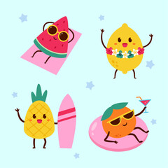 Cute summer fruit character set illustration