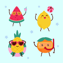 Cute summer fruit character set illustration