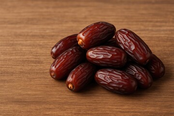Obraz premium Dates on a wooden surface for Ramadan celebrations