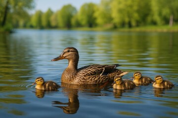 Obraz premium Geese swimming in a serene water body