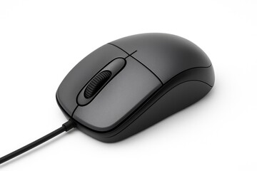 Gray and black computer mouse featuring dual wheels on a white backdrop