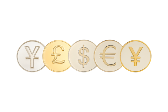 Currency coins isolated, important currencies of the world economy, financial symbols such as Yen, Pound, Dollar, Euro, Yuan.