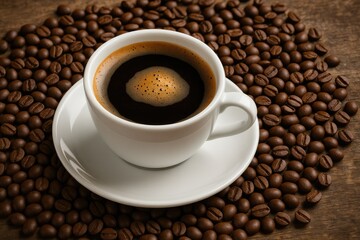 A mug of coffee surrounded by roasted beans on a vintage surface