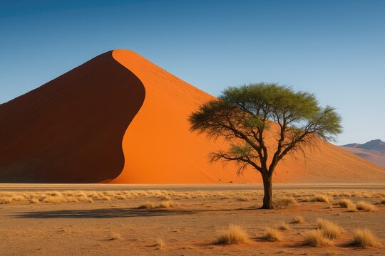 Sand dunes and a lone tree at the Sossusvlei landscape in Namibia