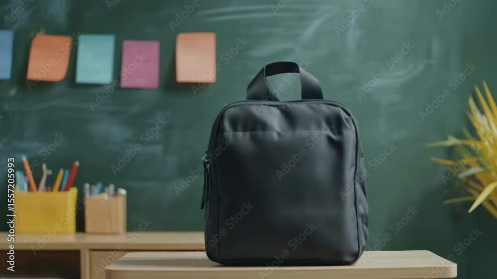 Poster black backpack resting on a desk in a vibrant classroom, surrounded by a chalkboard and colorful sti