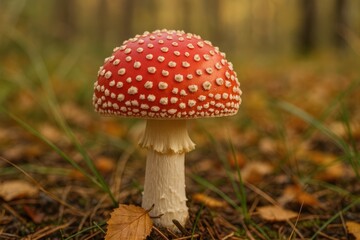 Detailed close-up of a fly agaric mushroom during autumn