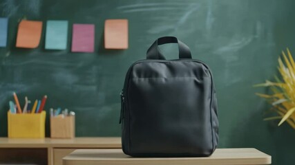 Black backpack resting on a desk in a vibrant classroom, surrounded by a chalkboard and colorful sticky notes, creating an inviting atmosphere for back to school preparations