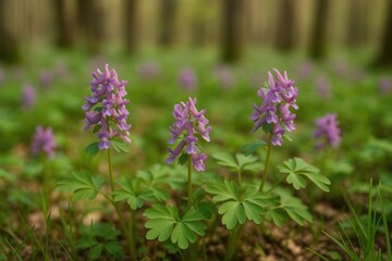 Obraz premium Early spring blooms of Corydalis in a lilac woodland with a focus on delicate flowers