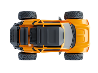 Top view of an orange off road remote control car isolated on transparent background