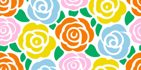 Vibrant Rose Pattern: A cheerful and vibrant seamless pattern featuring stylized roses in a variety of cheerful colors, perfect for adding a touch of floral charm to any design project. 