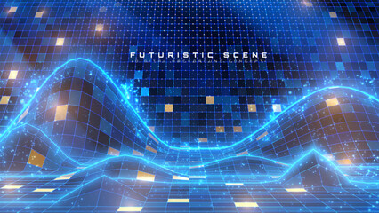 Futuristic mesh glow wave 3D Data Landscape, Luxury AI Network Stage Backdrop, empty technology scene with copy space and decoration light neon effects for presentation.