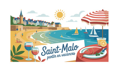 Vector illustration capturing a sunny seaside vacation scene inspired by the Saint-Malo t-shirt print, a coastal village with red-roofed houses and a tower, beachside umbrella, easily editable.