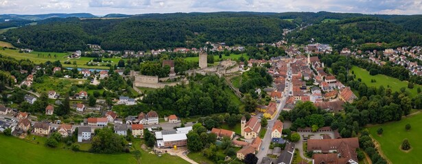 A panorama aerial view around the old town in the city papenheim Germany on a sunny spring noon