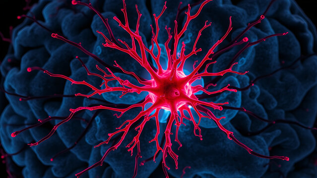 Scanning electron microscope (SEM) image of active microglia in human brain tissue, showing branching processes engulfing damaged neurons, dramatic shadows, color (microglia: crimson, neurons