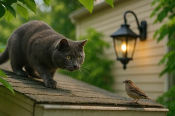 A dark gray feline stalking a bird atop a rooftop illuminated by a streetlamp