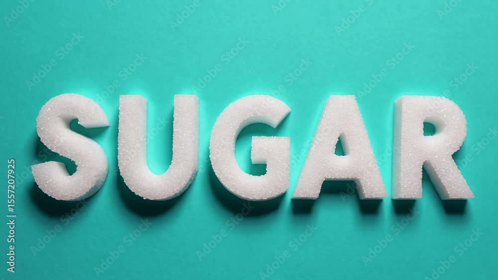 Poster White sugar cubes form the word sugar which is repeated multiple times on a turquoise background, creating a visually striking pattern related to sugar consumption and health