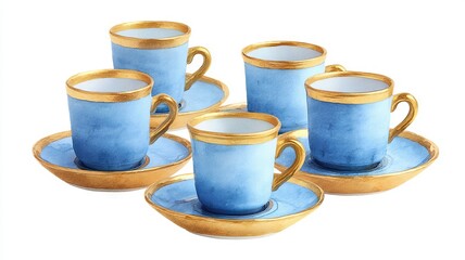 Blue-gold espresso cups exude celestial elegance, reminiscent of Vesak celebrations and Steampunk Afternoon Tea, vintage charm enhanced