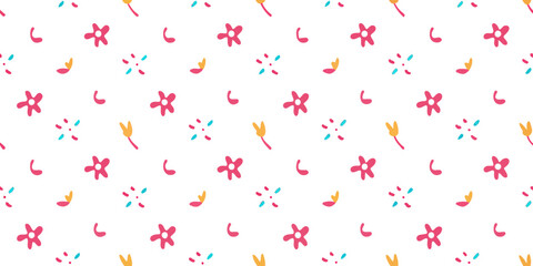 Floral Doodle Pattern: A cheerful seamless pattern featuring hand-drawn flowers and abstract elements in vibrant pink, yellow, and teal on a white background.