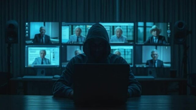 Hacker targeting senior citizens via online video scam. Criminal uses laptop to access multiple video feeds of elderly people.  Cybercrime scene depicts fraud targeting vulnerable population. - Powered by Adobe