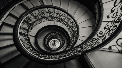 Ornate vintage spiral staircase with decorative wrought iron railing, dramatic black and white perspective viewed from above, showcasing intricate architectural details, symmetry and timeless classic 