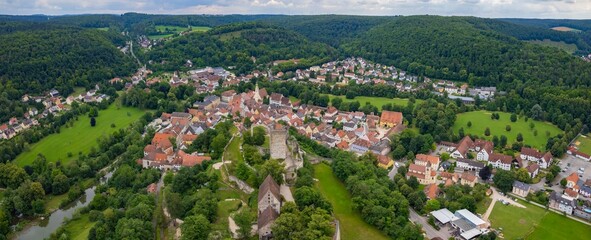 A panorama aerial view around the old town in the city papenheim Germany on a sunny spring noon