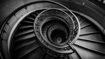 Fototapeta premium Vintage spiral staircase in dramatic black and white with ornate wrought iron railing, abstract architectural perspective from above showcasing intricate details, flowing curves, symmetry and timeless