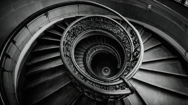Vintage spiral staircase in dramatic black and white with ornate wrought iron railing, abstract architectural perspective from above showcasing intricate details, flowing curves, symmetry and timeless