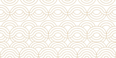Golden Arc Pattern: Elegant seamless pattern featuring interlocking golden arcs creating a sophisticated and modern design, ideal for backgrounds, textures, and design projects. 