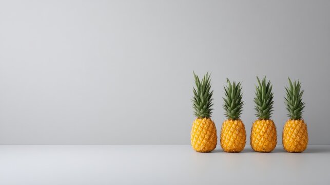 Four stoic pineapples quietly conspire on a minimalist stage, hinting at Tropical Fruit Day, whispering exotic intrigue
