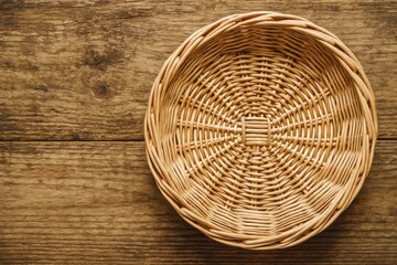 Circular wicker basket resting on vintage wooden surface, top-down perspective with space for text