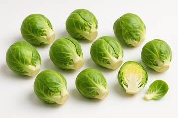 Fototapeta premium Vivid photo of fresh Brussels sprouts against a plain white backdrop