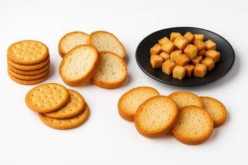 Fototapeta premium Crispy round crackers and sliced baguette pieces served on a dark platter with crunchy croutons and bruschetta slices on a white surface