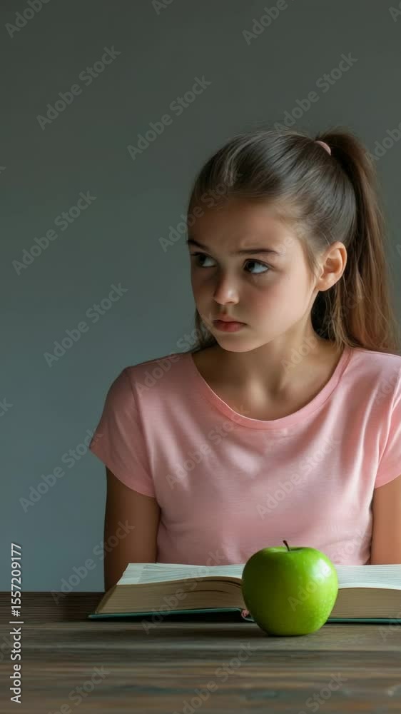 Poster schoolgirl looking confused while studying a book at her desk with a green apple placed on the woode