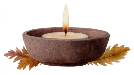 A cozy candle flickers amidst oak leaves, embracing hygge and Samhain, whispering autumnal warmth and earthy serenity