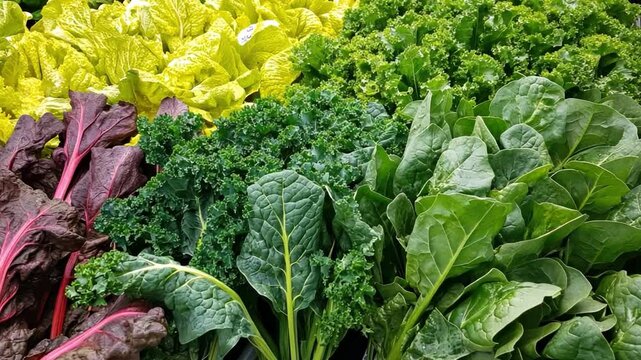 A Medley of Leafy Greens: An array of vibrant, leafy greens presents a feast for the eyes, showcasing the natural beauty and freshness of various lettuce and vegetable varieties.